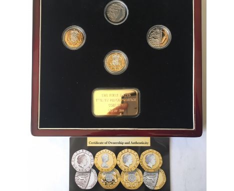 A limited edition London Mint Office First Dates 20p Set, no. 75 of 299, including a 2008 undated 20p and three gold plated 2