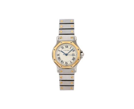 A UNISEX CARTIER 18K YELLOW GOLD AND STAINLESS STEEL AUTOMATIC BRACELET WATCH. SANTOS OCTAGONAL.Brand: Cartier Model: Santos 
