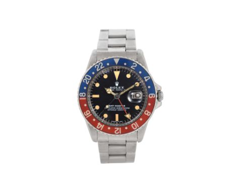 A MEN'S ROLEX STAINLESS STEEL AUTOMATIC BRACELET WATCH. GMT-MASTER PEPSI.Brand: Rolex Model: GMT Master Pepsi (red and blue) 