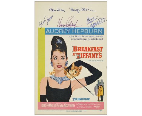 BREAKFAST AT TIFFANY'SWindow Card (14" x 22") Autographed by Audrey Hepburn, George Peppard, Henry Mancini, and Mickey Rooney