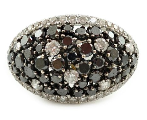 A modern pair of 750 white gold and two colour diamond cluster dress ring, set with black and colourless stones, size M, gros