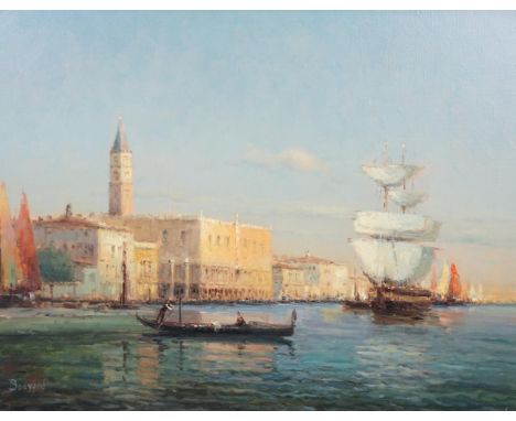 § § Noel Georges Bouvard (French, 1912-1975) Gondola and sailing ship off the Doges Palace, Veniceoil on canvassigned49 x 64c