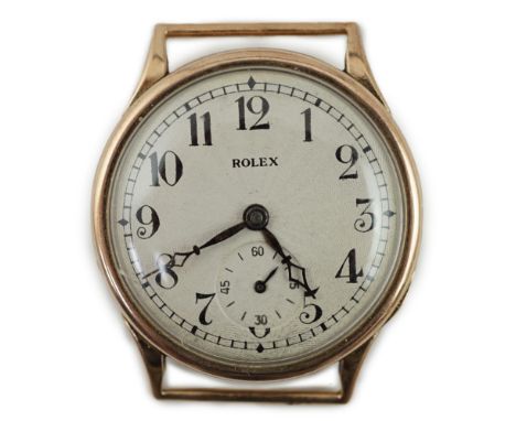 A George V 9ct gold Rolex manual wind wrist watch, the sunburst Arabic dial with subsidiary seconds and case back with engrav
