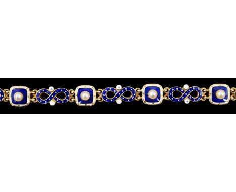 An early 20th century gold (tests as 18ct), two colour enamel and spilt pearl set bracelet, with square and figure of eight s