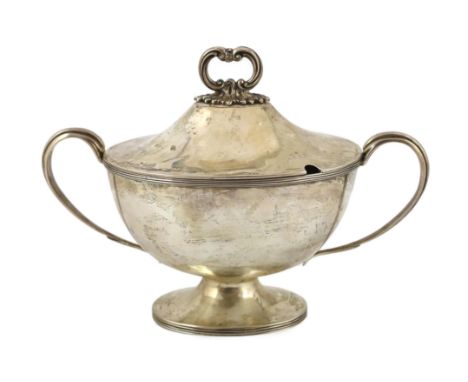 An early Victorian silver oval pedestal two handled sauce tureen, by Creswick &amp; Co, with reeded borders and foliate ring 