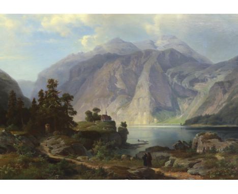 Heinrich Steinike (German, 1825-1909) Extensive mountain lake landscapeoil on canvassigned87 x 124cm***CONDITION REPORT***Oil