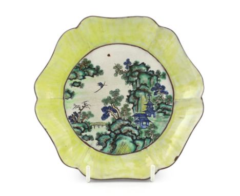 A Chinese enamelled Yixing pottery hexafoil shaped dish, Qianlong/Jiaqing period, painted in famille verte palette with pavil