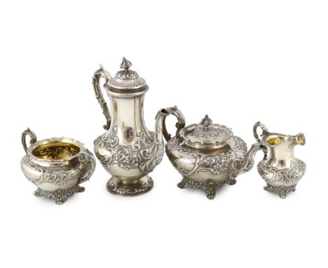 An early Victorian Scottish silver pyriform four piece tea and coffee service by William Marshall, with applied foliate scrol