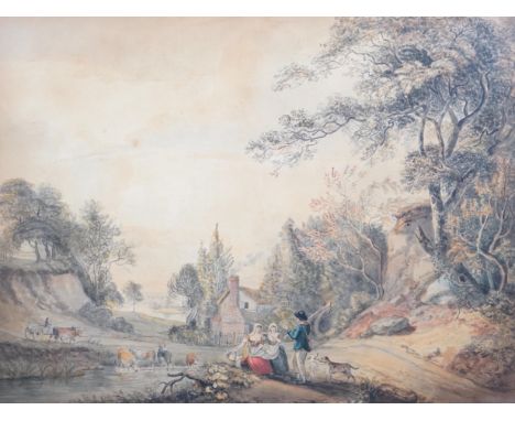 Paul Sandby RA (English, 1725-1809) A sportsman with his dogs talking with two country girls in a landscapewatercolourSabin G