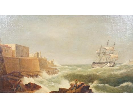 Attributed to Giovanni Schranz (Maltese, 1794-1882) A Private First Rate Man O’ War entering Valetta harbouroil on canvas36 x