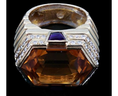 A late 20th century French 18ct gold and single stone hexagonal cut citrine set dress ring, with amethyst and diamond chip se