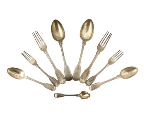 A harlequin part canteen of silver fiddle and thread pattern flatware, comprising eight table forks, London, 1830/1, twelve d