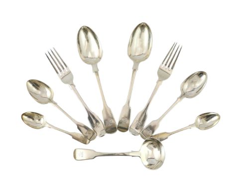 A part canteen of Victorian silver fiddle pattern flatware, by George Adams, with engraved crest, comprising twelve table spo