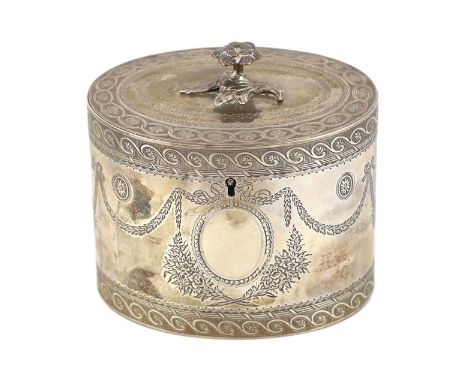 A George III engraved silver ova tea caddy, by Thomas Daniell, decorated with garlands and two oval cartouches, one with entw