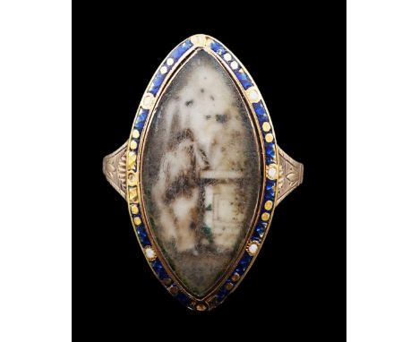 A George III gold and two colour enamel set navette shaped mourning ring, with ivory panel depicting a lady by an urn on a pe