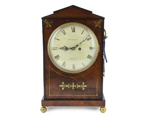 Bothamley of Boston, a Regency brass inset mahogany hour repeating bracket clock in plain architectural ebony strung case, wi