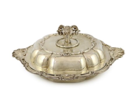 A Victorian ornate silver entree dish and cover with ram's head handle, by John Samuel Hunt (Hunt &amp; Roskell ex. Storr &am