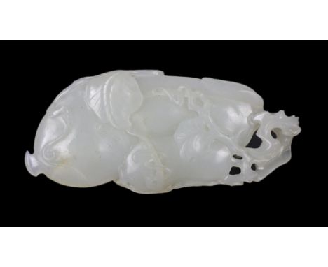 * * A Chinese white jade pendant, carved as a gourd, Qianlong period, with overlapping leaves and tendrils and a branch in op