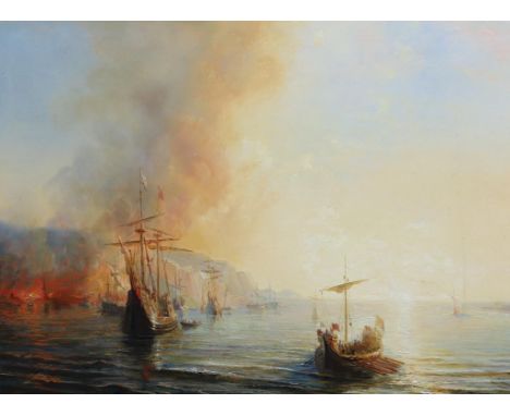 Henriette Hermione Gudin (French, 1825-1876) Fire on the coastoil on canvassigned36 x 48cm***CONDITION REPORT***AA copy of Je