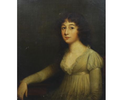Late 18th century English School Half length portrait of a young lady, seated with her arm resting upon a tableoil on canvas7