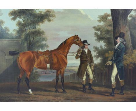 Manner of Thomas Stringer (English, 1722-1790) A gentleman, groom and chestnut horse in a landscapeoil on canvas49 x 60cmCond