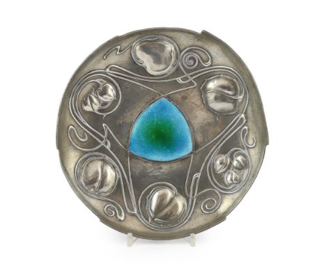 Archibald Knox for Liberty & Co., The Bollellin Shield, circa 1903, English pewter dish with central blue green enamelled pla