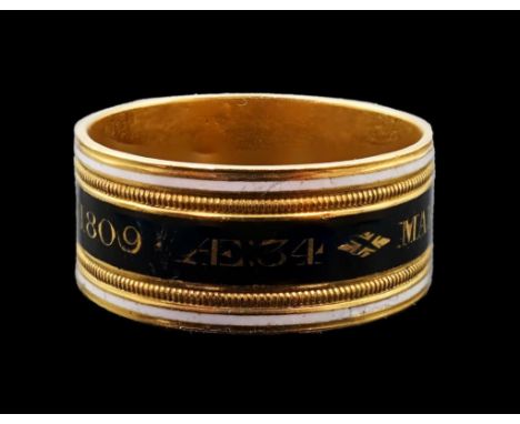 A George III 22ct gold and two colour enamel mourning band, inscribed 'Mary Powell OB. 12 Mar, 1809', hallmarked for London, 
