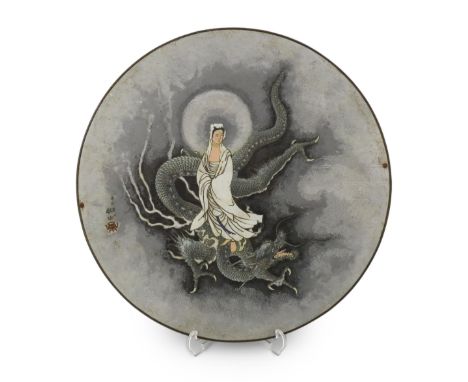 A large Japanese silver wire cloisonné enamel circular plaque, Meiji period, decorated with the figure of Kwannon standing on