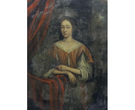 Circle of Willem Wissing (Dutch, 1656-1687) Half length portrait of a lady wearing a pearl necklace, red drapery beside her a