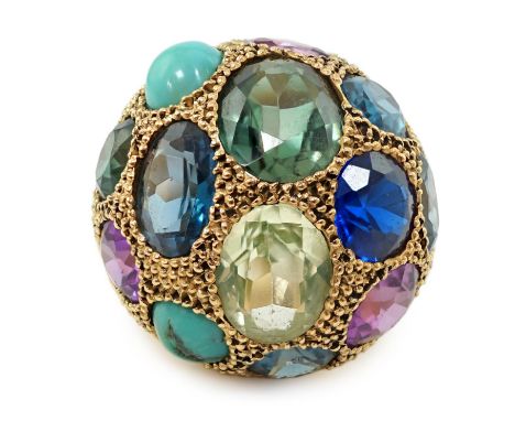 A 20th century Egyptian gold and multi gem set dress ring, of domed form and set with thirteen various stones, size K, gross 