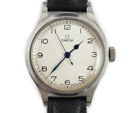 A gentleman's 1956 stainless steel British Military Issue Omega RAF Pilot's manual wind white dial wrist watch, with Arabic d