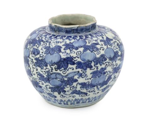 A Chinese blue and white 'Squirrel and vine' melon-shaped jar, Wanli period (1573-1619), painted with four squirrels amongst 