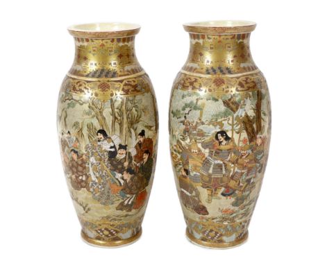 A pair of large Japanese Satsuma pottery 'Samurai' vases, Meiji period, painted to each side with samurai in landscape reserv