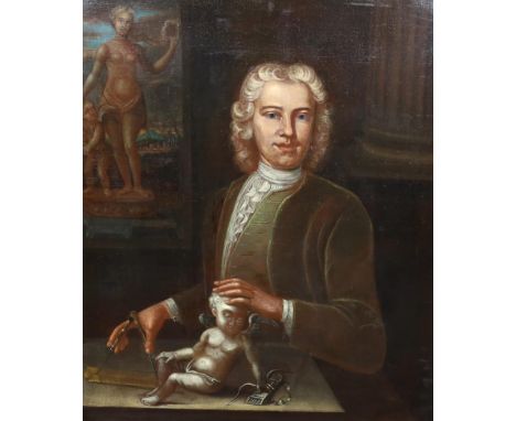 F. Heufell Portrait of a gentleman architect or sculptor, half length holding a figure of Cupid and a set of dividers, a stat