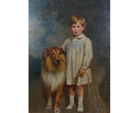 Attributed to J.W. Beaufort (fl. circa 1920-30) Full length portrait of a boy standing beside a collieoil on canvas121 x 91cm