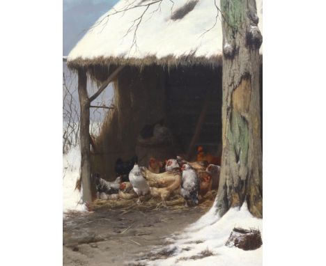 Eugene Remy Maes (Belgian, 1849-1931) Chickens sheltering from the snow in winteroil on panelsigned35 x 25.5cm***CONDITION RE