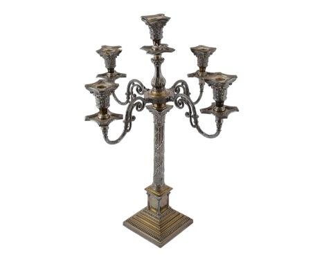 An Edwardian silver four branch, five light Corinthian column candelabrum, by James Deakin &amp; Sons, with vine leaf decorat