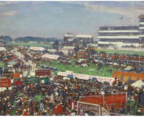 § § Alfred Egerton Cooper RBA (British, 1883-1974) Epsom Derby Dayoil on boardinitialled40 x 50cm***CONDITION REPORT***Oil on