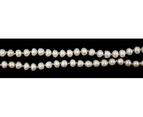 A Victorian single strand graduated natural saltwater pearl necklace, with seed pearl and enamel set gold clasp, (a.f.), 116c