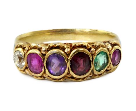 A 19th century gold, two colour enamel and graduated multi gem set 'Regard' half hoop ring, size L, gross weight 3.3g rams.**