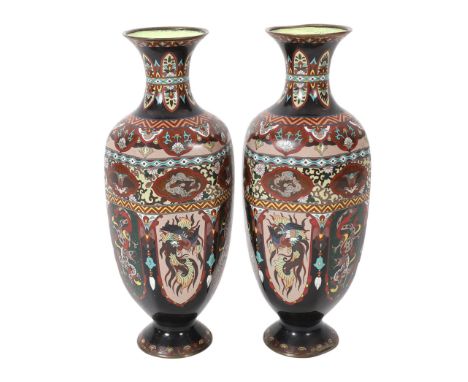 A pair of large Japanese Kyoto cloisonné enamel hexagonal baluster vases, early 20th century, each decorated with panels of m