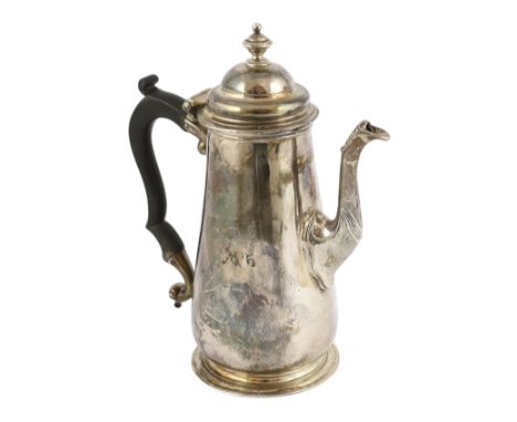 A George III silver coffee pot and hinged cover with turned finial, maker R?, of tapering form, marks rubbed, height 25cm, gr
