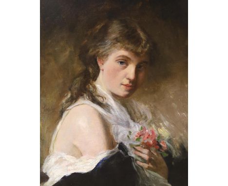 Charles Joshua Chaplin (French, 1825-1891) Portrait of a young beauty holding a bouquet of flowersoil on canvassigned45 x 37c