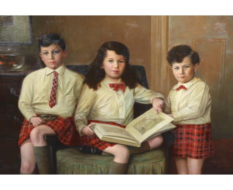 J.W. Beaufort (fl. circa 1920-30) Portrait of three Scottish children in a drawing room, all wearing Cameron tartan kiltsoil 