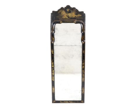 A William and Mary cushion framed lacquer pier mirror, the shaped crest decorated with a chinoiserie river landscape scene, t