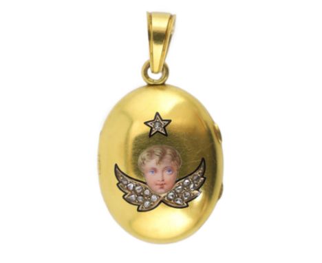 A Victorian gold, enamel and rose cut diamond set oval locket, the front decorated with Reynold's Angel, with star above, ove