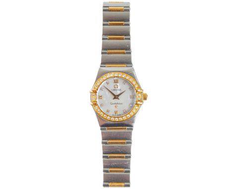 An Omega Constellation steel and 18ct rose gold diamond set ladies automatic bracelet wristwatch. The 16mm mother of pearl di