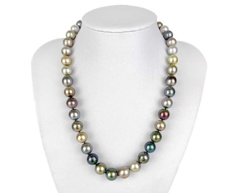 A South Seas Tahitian multi-colour pearl graduated necklace with 18ct white gold bead clasp.  The pearls 8mm to 10mm, the cla
