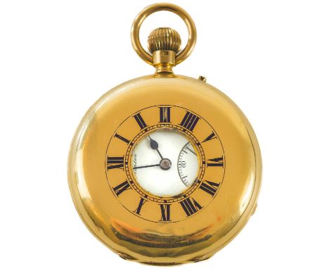 A Victorian 18ct half hunter lever crown wind pocket watch 'The Bank Watch' by J W Benson. The signed 40mm white enamel dial 