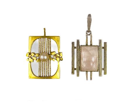 A modernist silver rose quartz set pendant, and a gold plated pendant by Kordes &amp; Lichtenfels. The silver pendant stamped